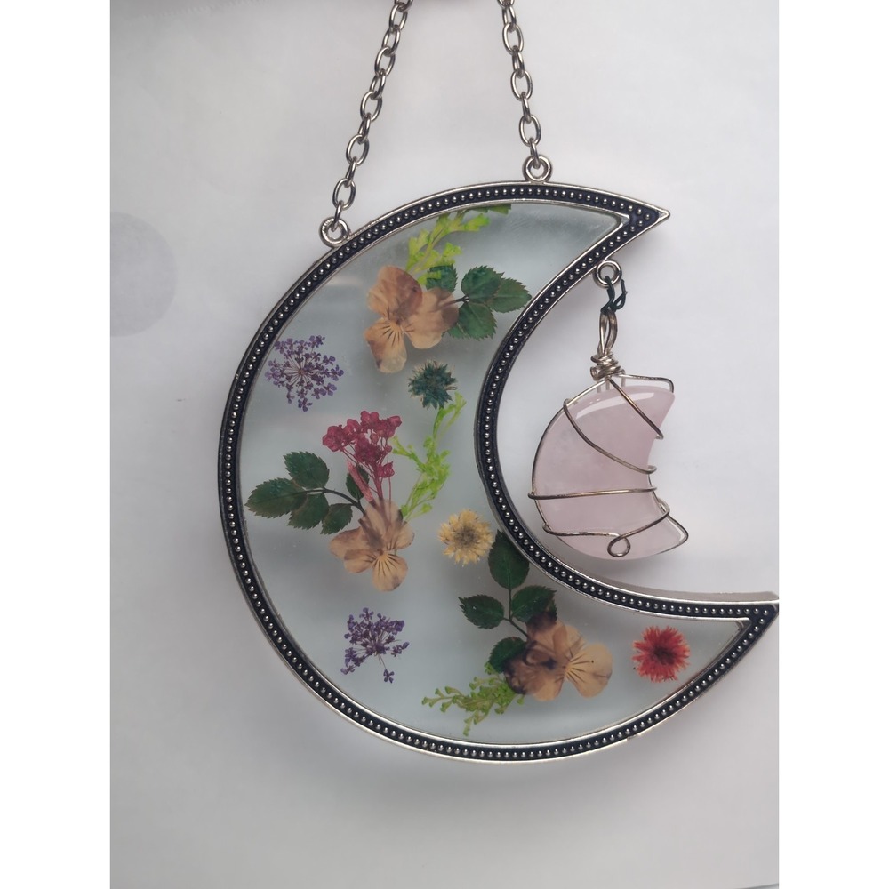 Vintage Dried Pressed Flowers Glass Metal half Moon Frame Hanging W/Rose Quartz - Picture 3 of 13